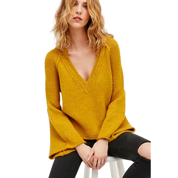 Free People Sweaters - Free People Lovely Lines Pullover Wool Sweater Mustard Sunstone Combo SZ Medium